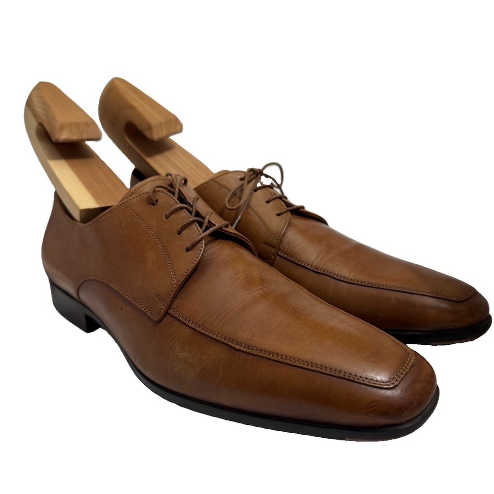 Santoni Mens Shoes 9.5 Tan Brown Leather Apron Toe Derby Lace Up Made in Italy